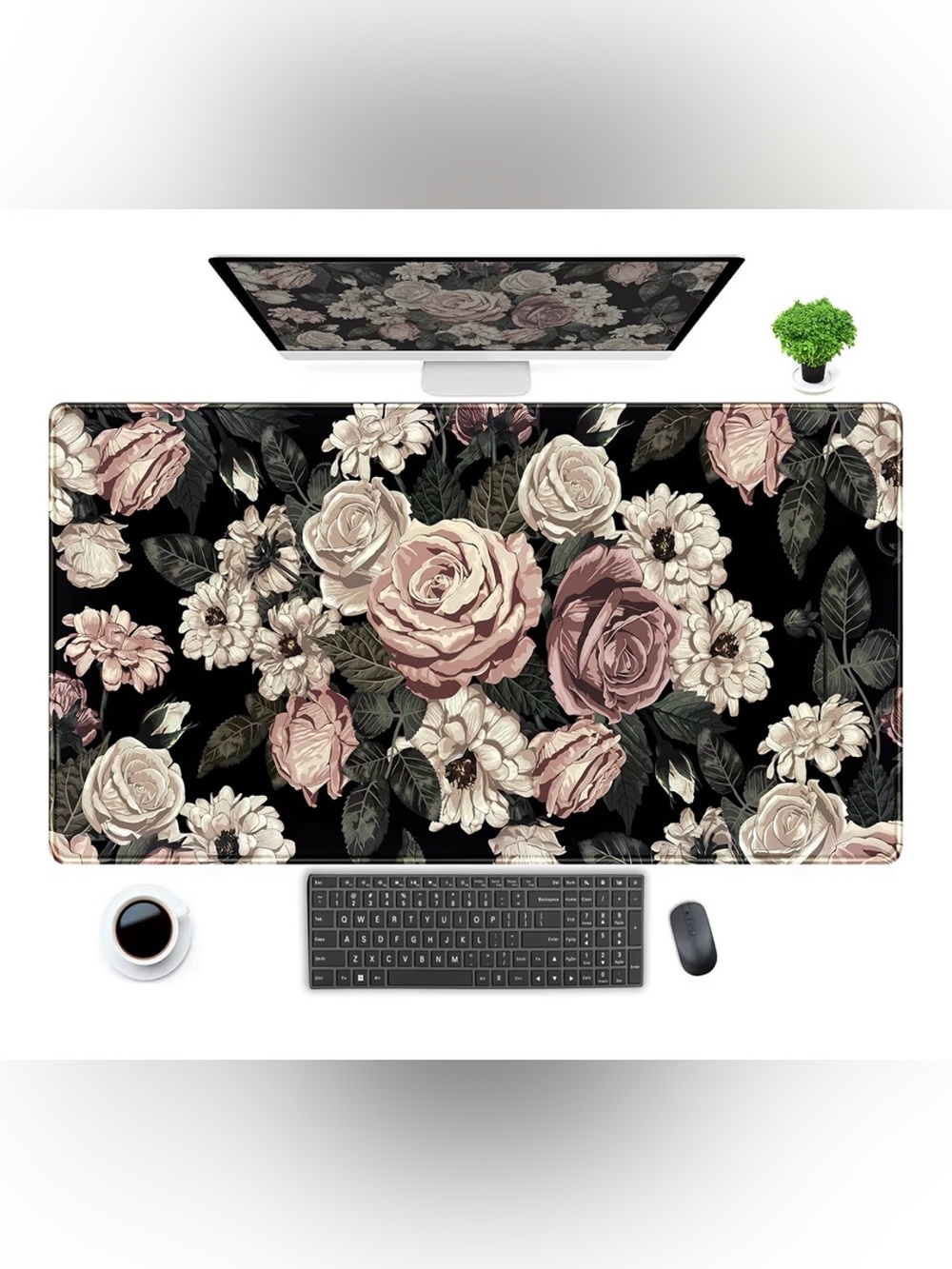 NWT Floral Desk Mat - Vintage Rose Design in Black and Blush